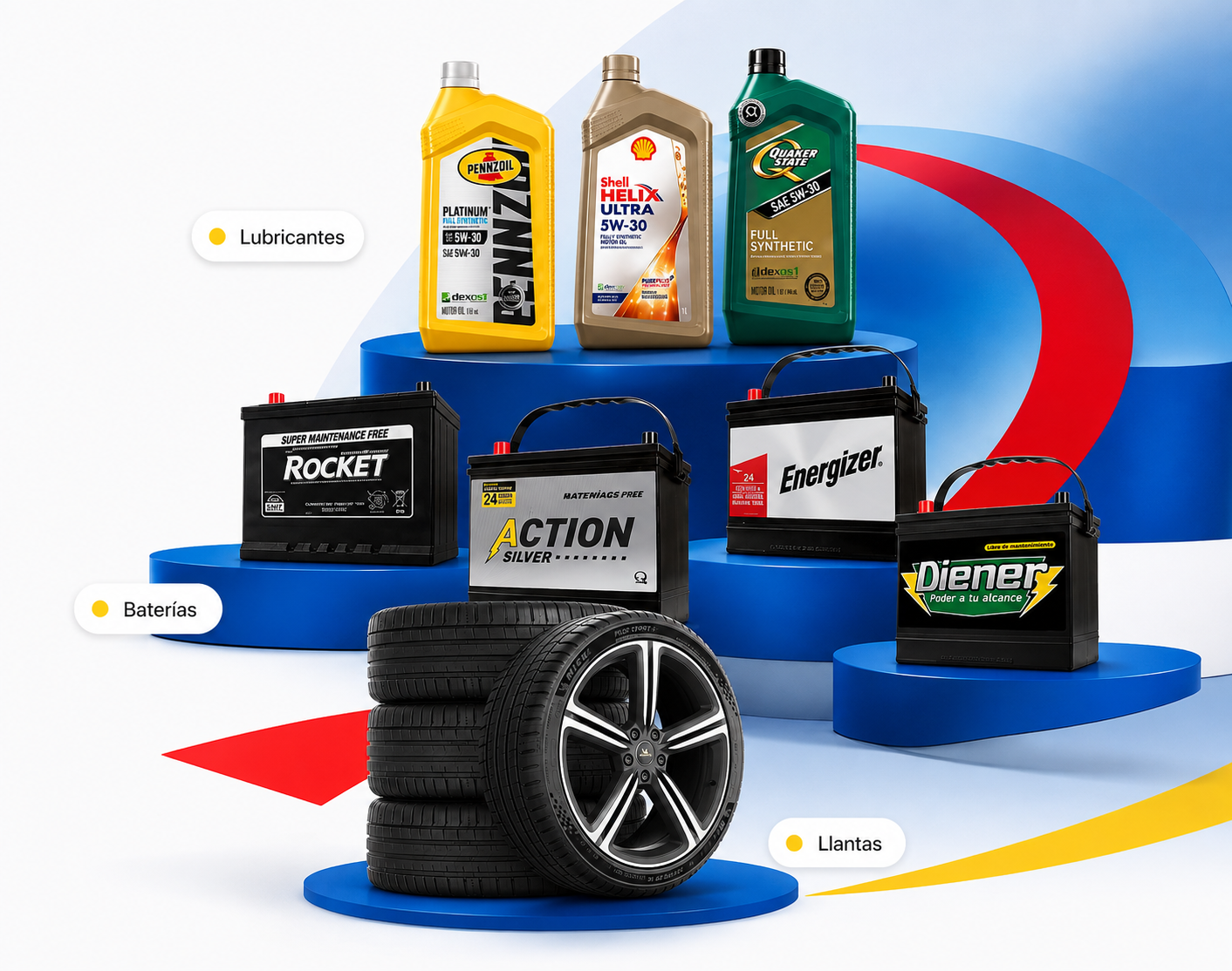 Lubricantes Pennzoil, Shell Helix Ultra y Quaker State, baterías Rocket, Energizer, Action Silver y Diener, y una estiba de llantas sobre podios azules
